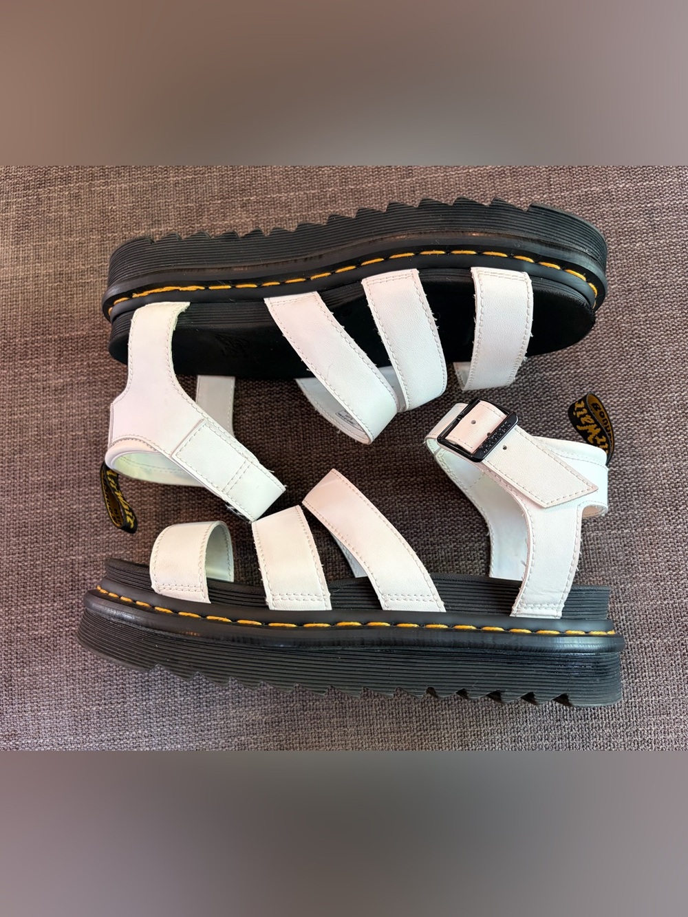 White Doc Martin Platform Sandals with Yellow Stitching